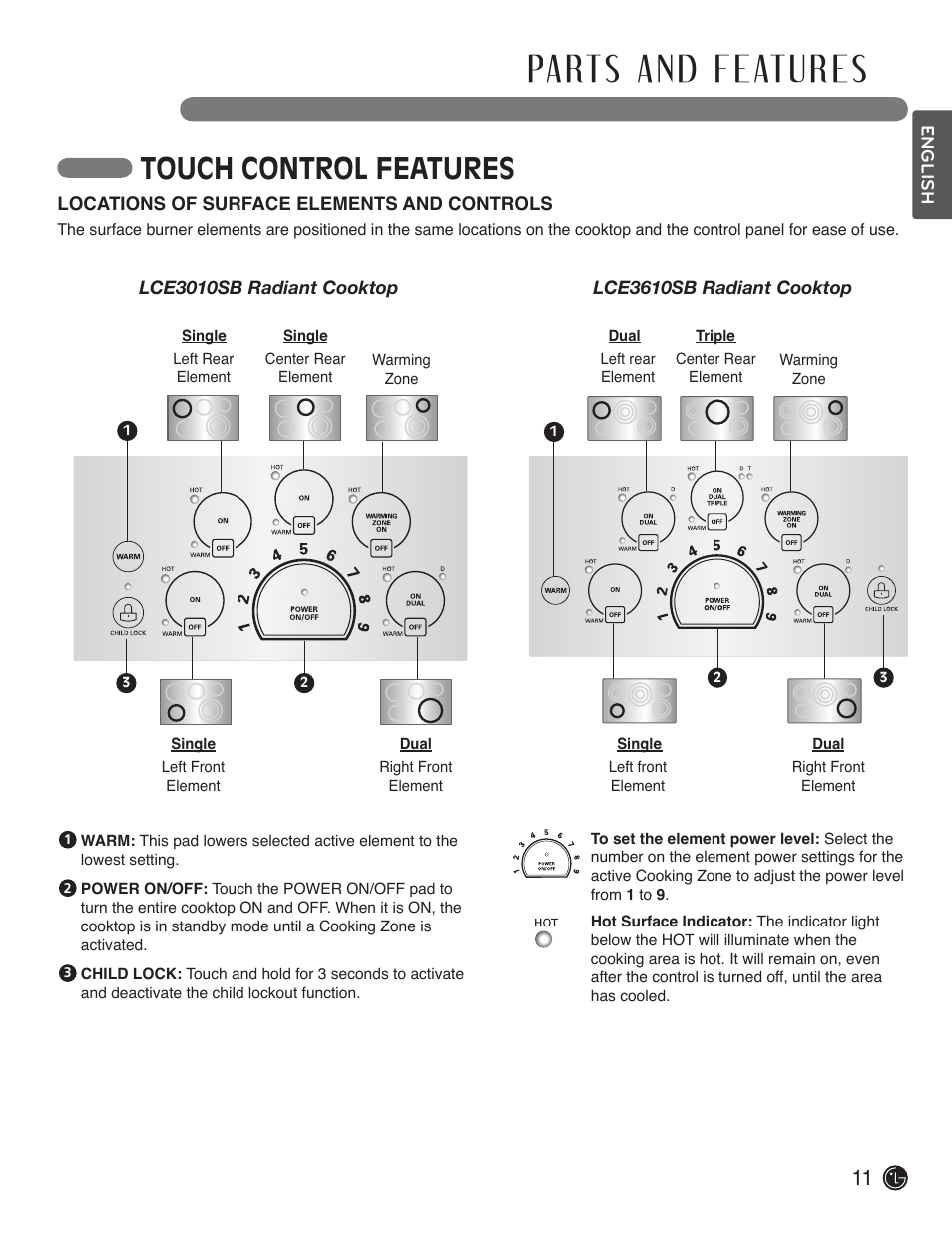 Touch control features | LG LCE3610SB User Manual | Page 11 / 33