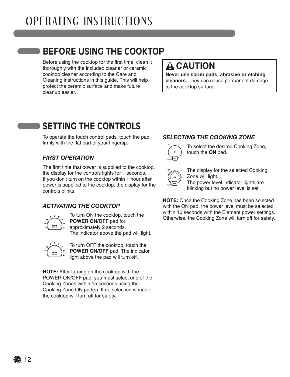 Before using the cooktop setting the controls, Caution | LG LCE3610SB User Manual | Page 12 / 33