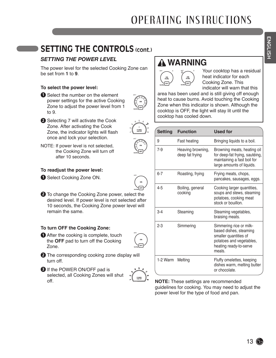 Setting the controls, Warning | LG LCE3610SB User Manual | Page 13 / 33