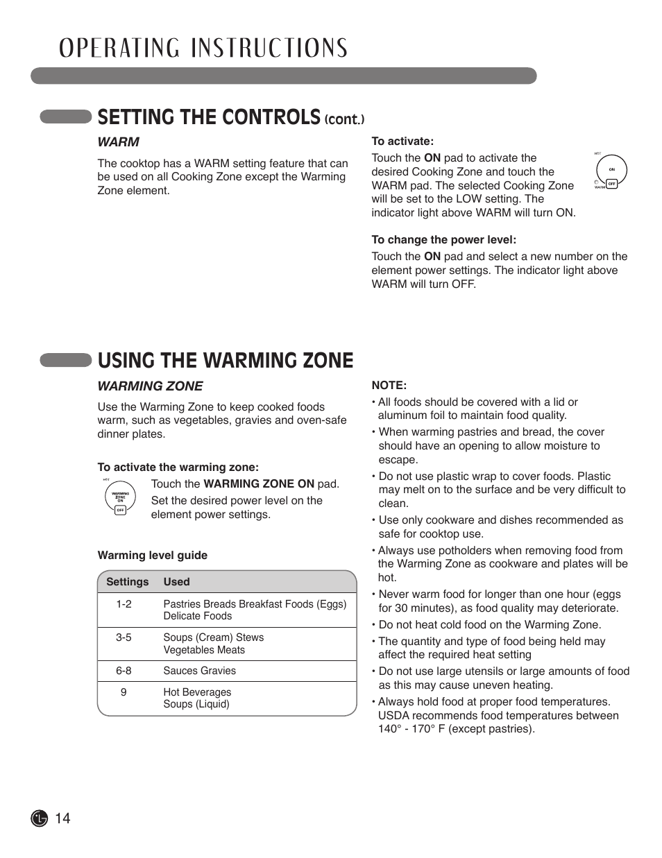Setting the controls, Using the warming zone | LG LCE3610SB User Manual | Page 14 / 33