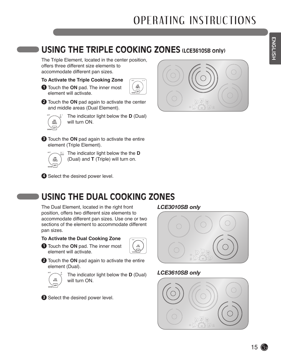 Using the triple cooking zones, Using the dual cooking zones | LG LCE3610SB User Manual | Page 15 / 33