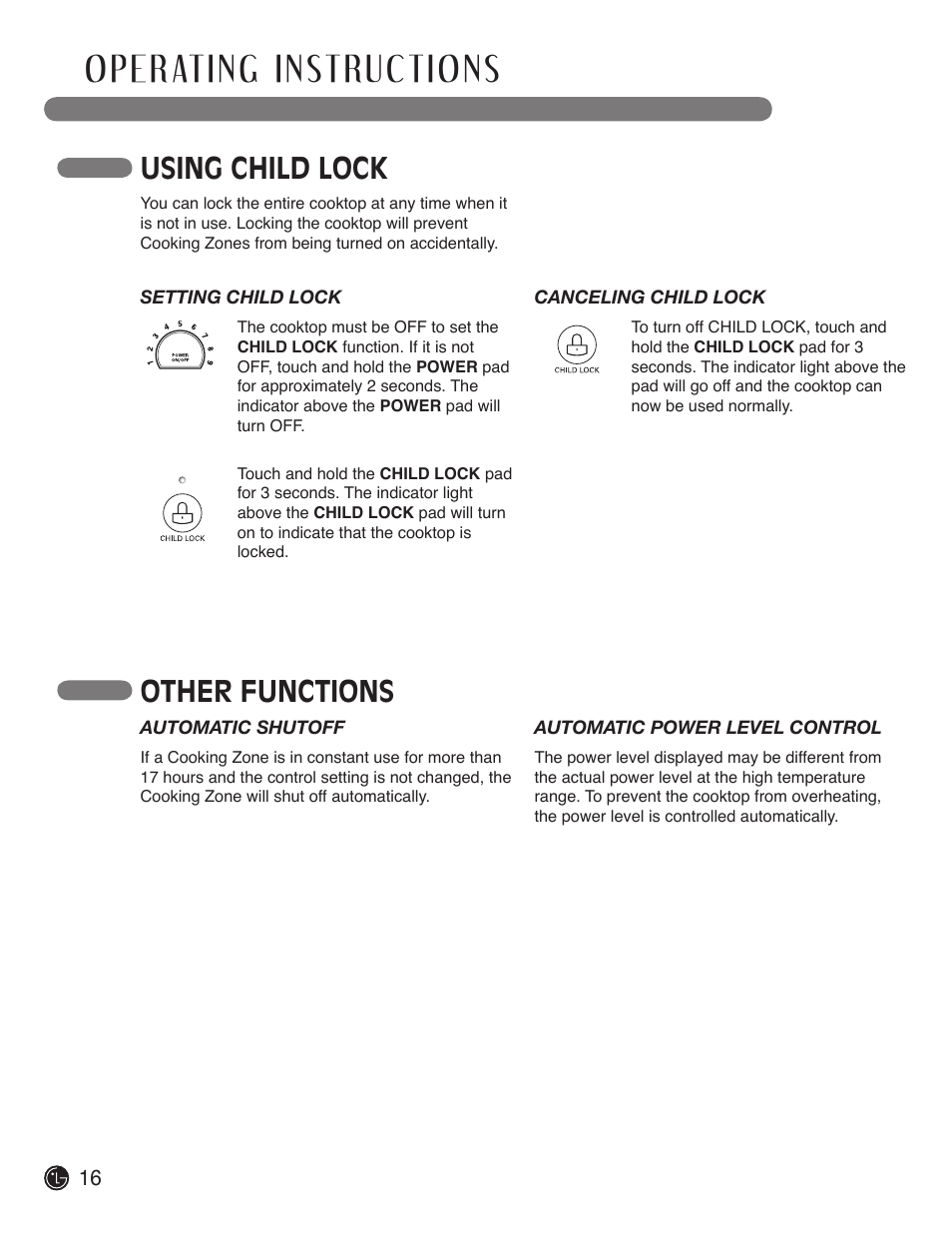 Using child lock other functions | LG LCE3610SB User Manual | Page 16 / 33