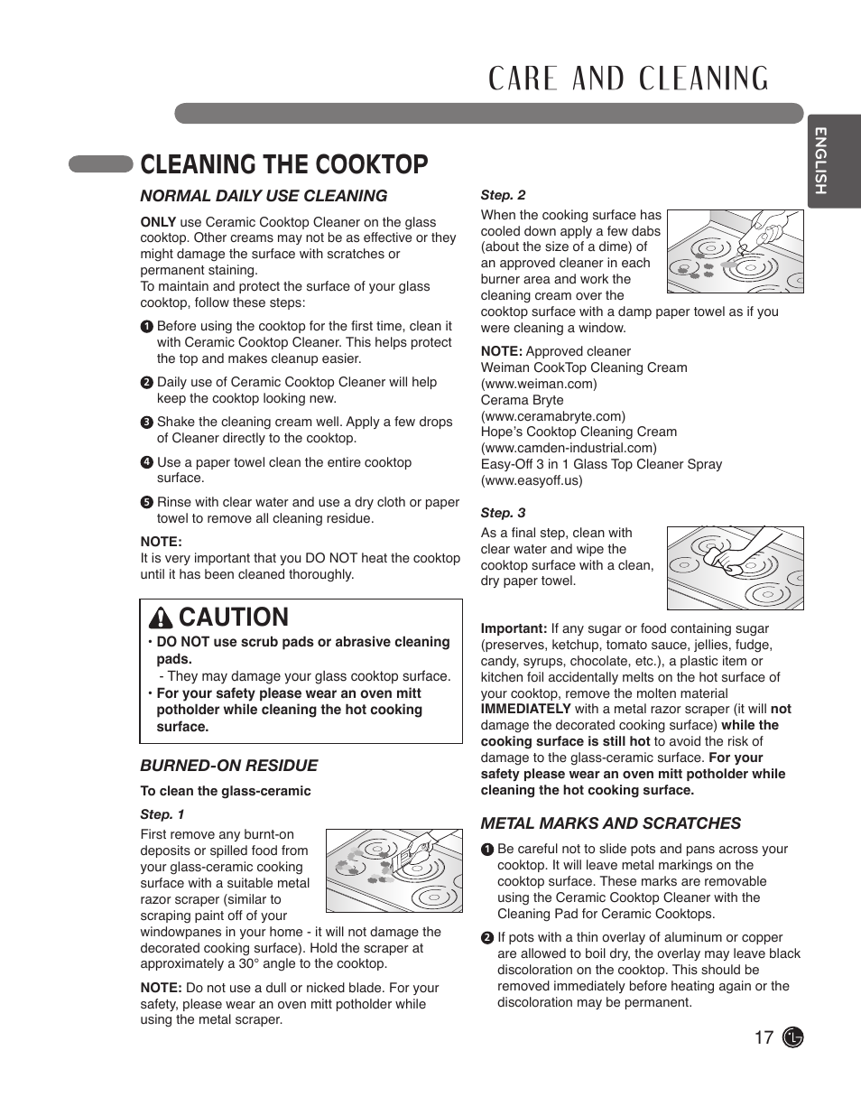 Cleaning the cooktop, Caution | LG LCE3610SB User Manual | Page 17 / 33