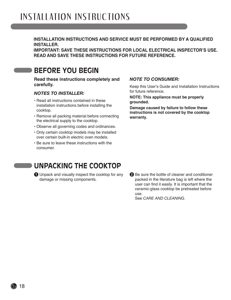 Before you begin unpacking the cooktop | LG LCE3610SB User Manual | Page 18 / 33