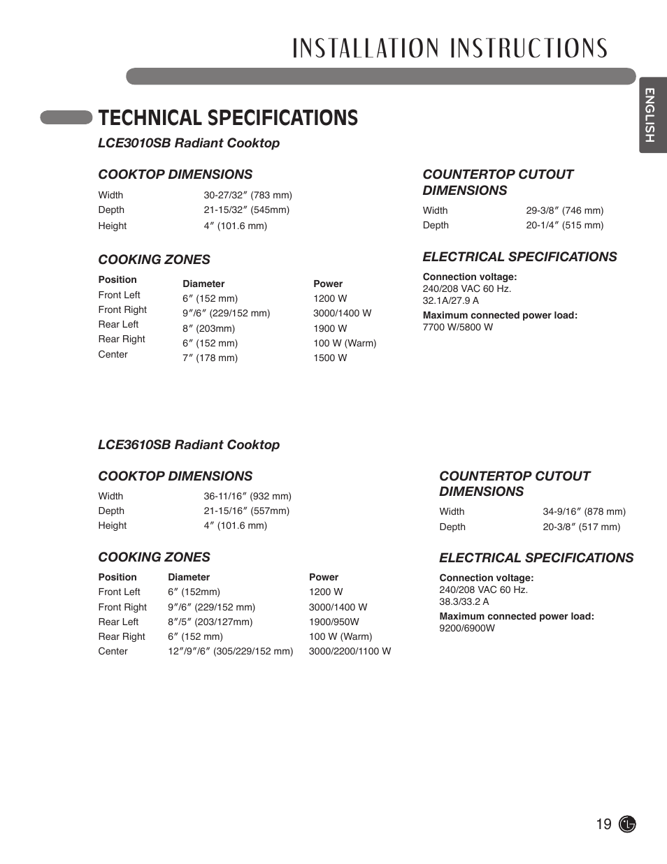 Technical specifications | LG LCE3610SB User Manual | Page 19 / 33