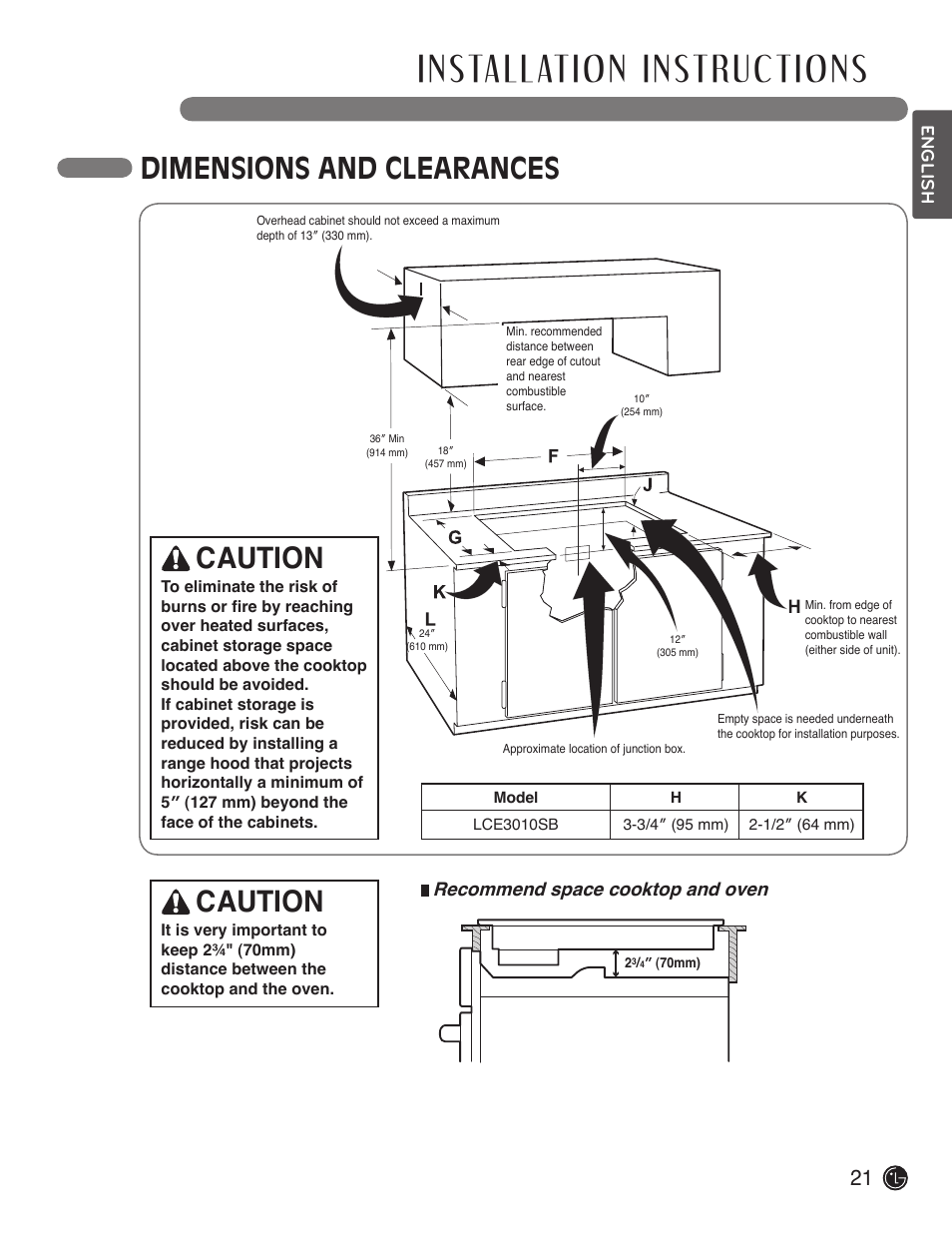 Dimensions and clearances, Caution, Recommend space cooktop and oven | LG LCE3610SB User Manual | Page 21 / 33