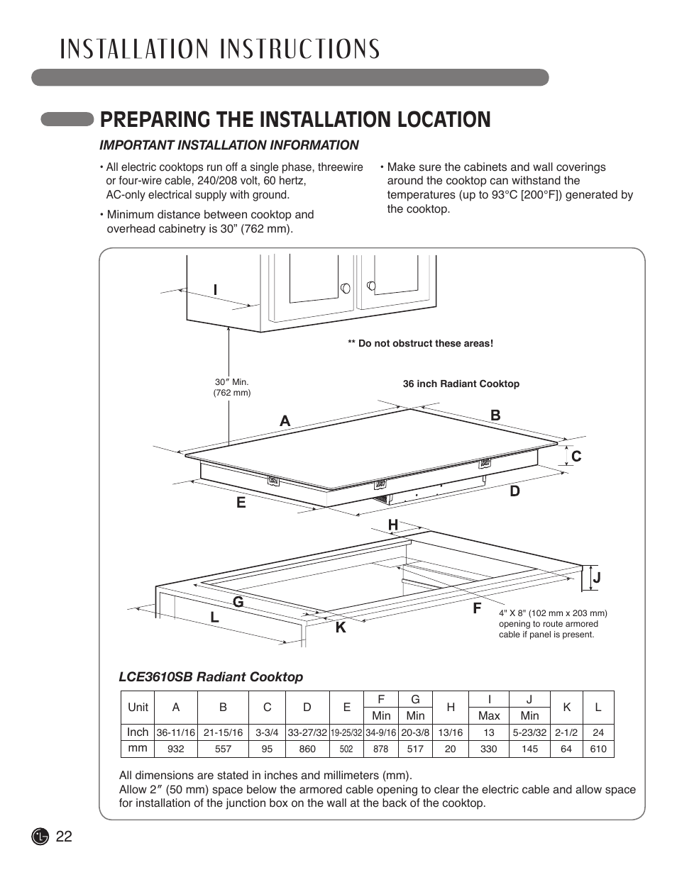 Preparing the installation location | LG LCE3610SB User Manual | Page 22 / 33