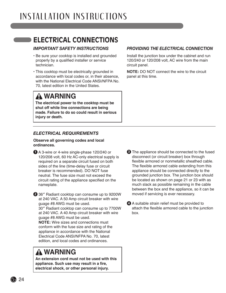 Electrical connections warning, Warning | LG LCE3610SB User Manual | Page 24 / 33