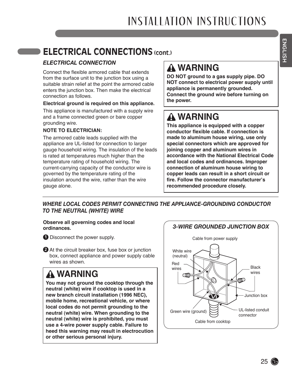 Electrical connections, Warning | LG LCE3610SB User Manual | Page 25 / 33