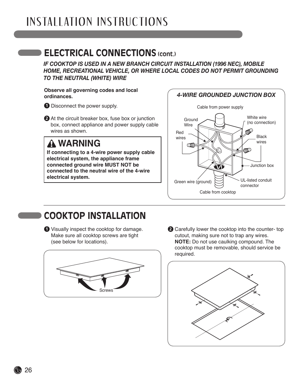 Electrical connections, Cooktop installation warning | LG LCE3610SB User Manual | Page 26 / 33