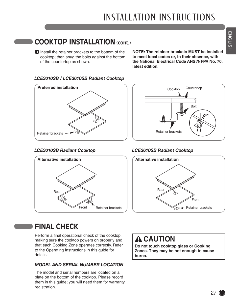 Cooktop installation, Final check caution | LG LCE3610SB User Manual | Page 27 / 33