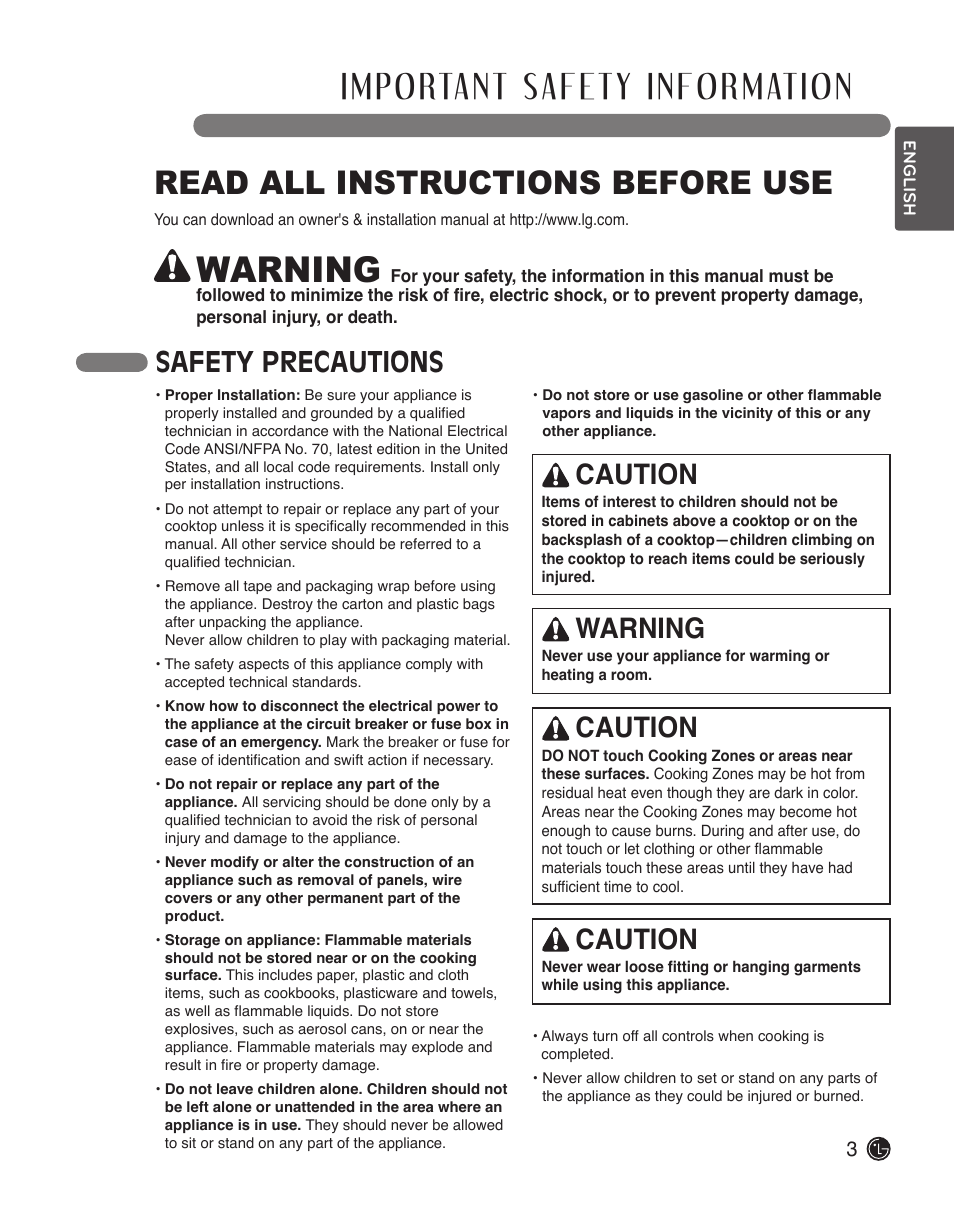 Warning, Read all instructions before use, Caution | Safety precautions | LG LCE3610SB User Manual | Page 3 / 33