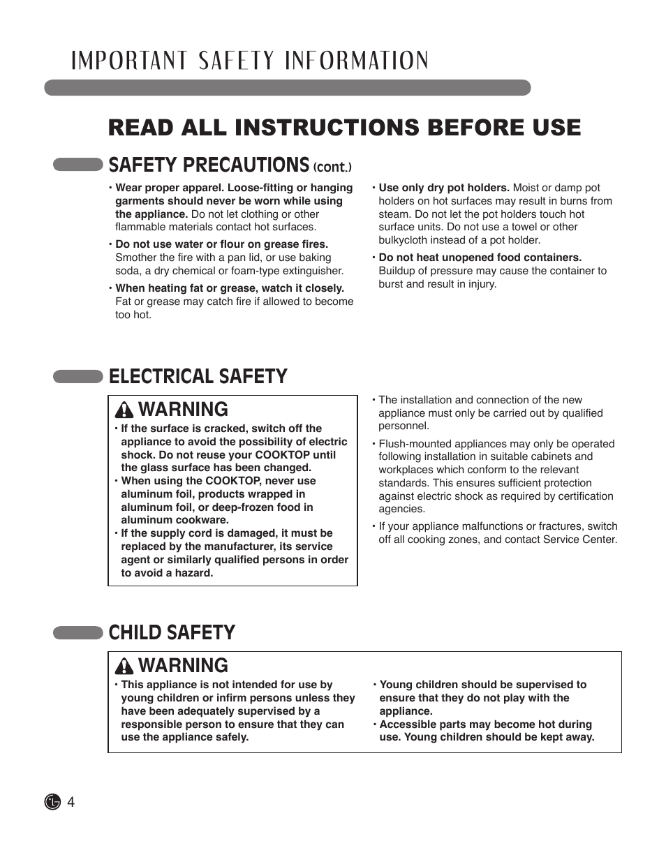 Read all instructions before use, Safety precautions, Electrical safety child safety warning | Warning | LG LCE3610SB User Manual | Page 4 / 33