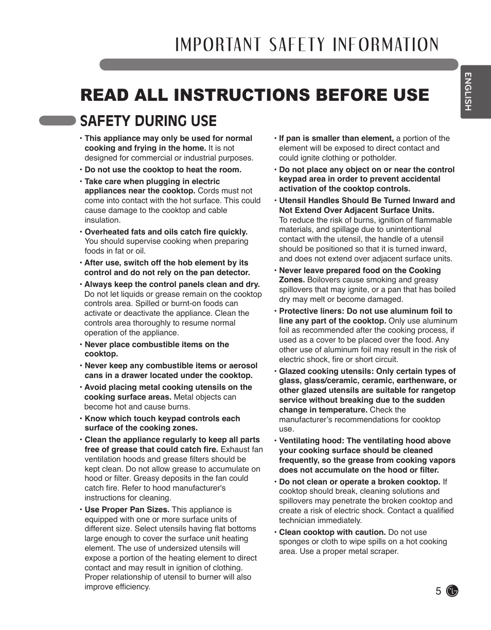 Read all instructions before use, Safety during use | LG LCE3610SB User Manual | Page 5 / 33