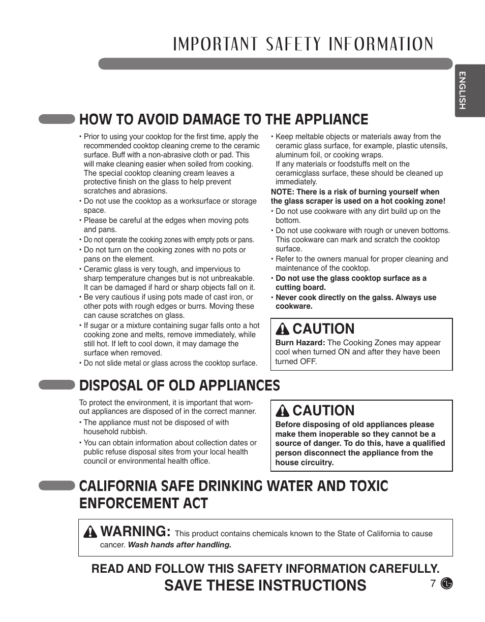 Save these instructions, Caution, Read and follow this safety information carefully | LG LCE3610SB User Manual | Page 7 / 33