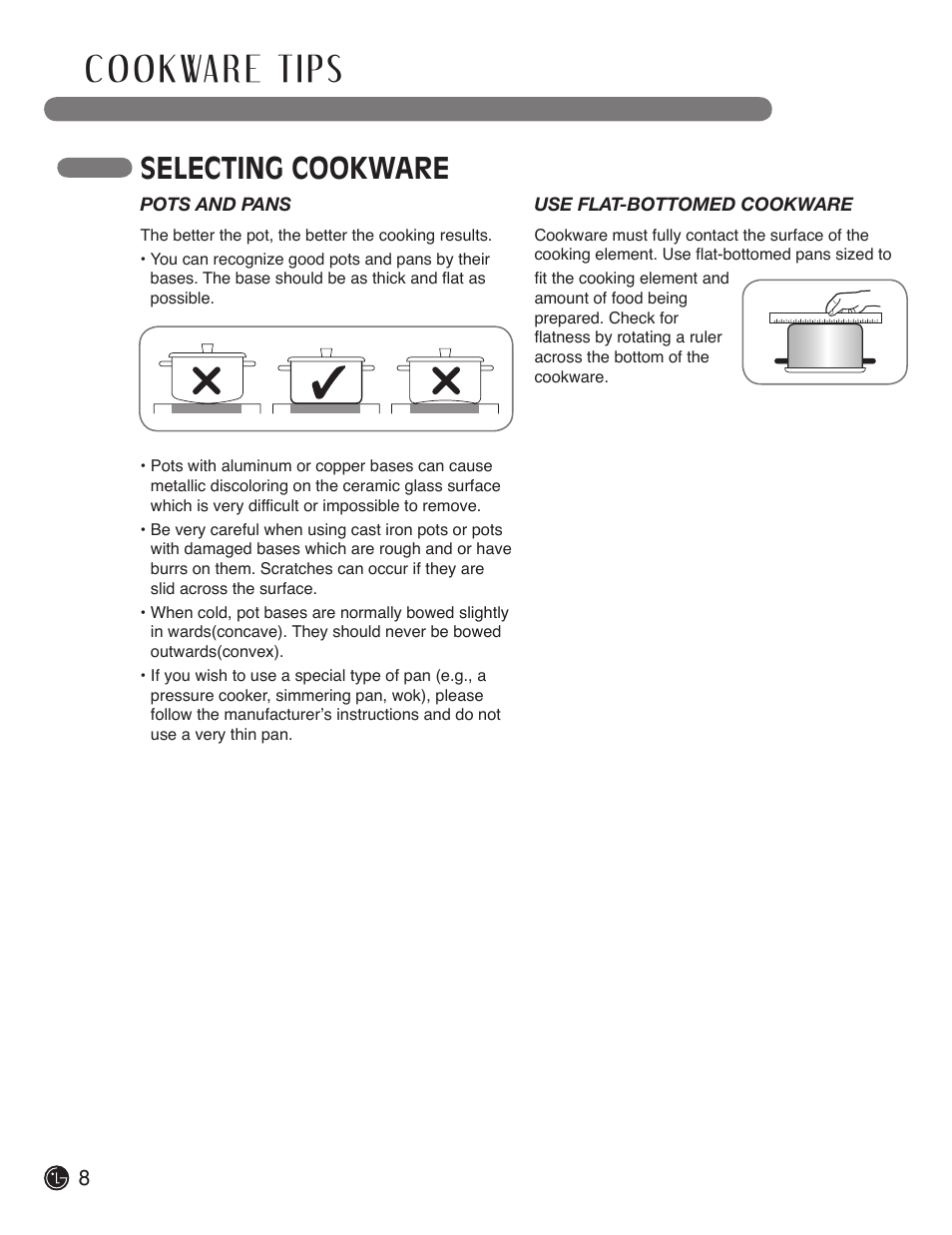 Selecting cookware | LG LCE3610SB User Manual | Page 8 / 33