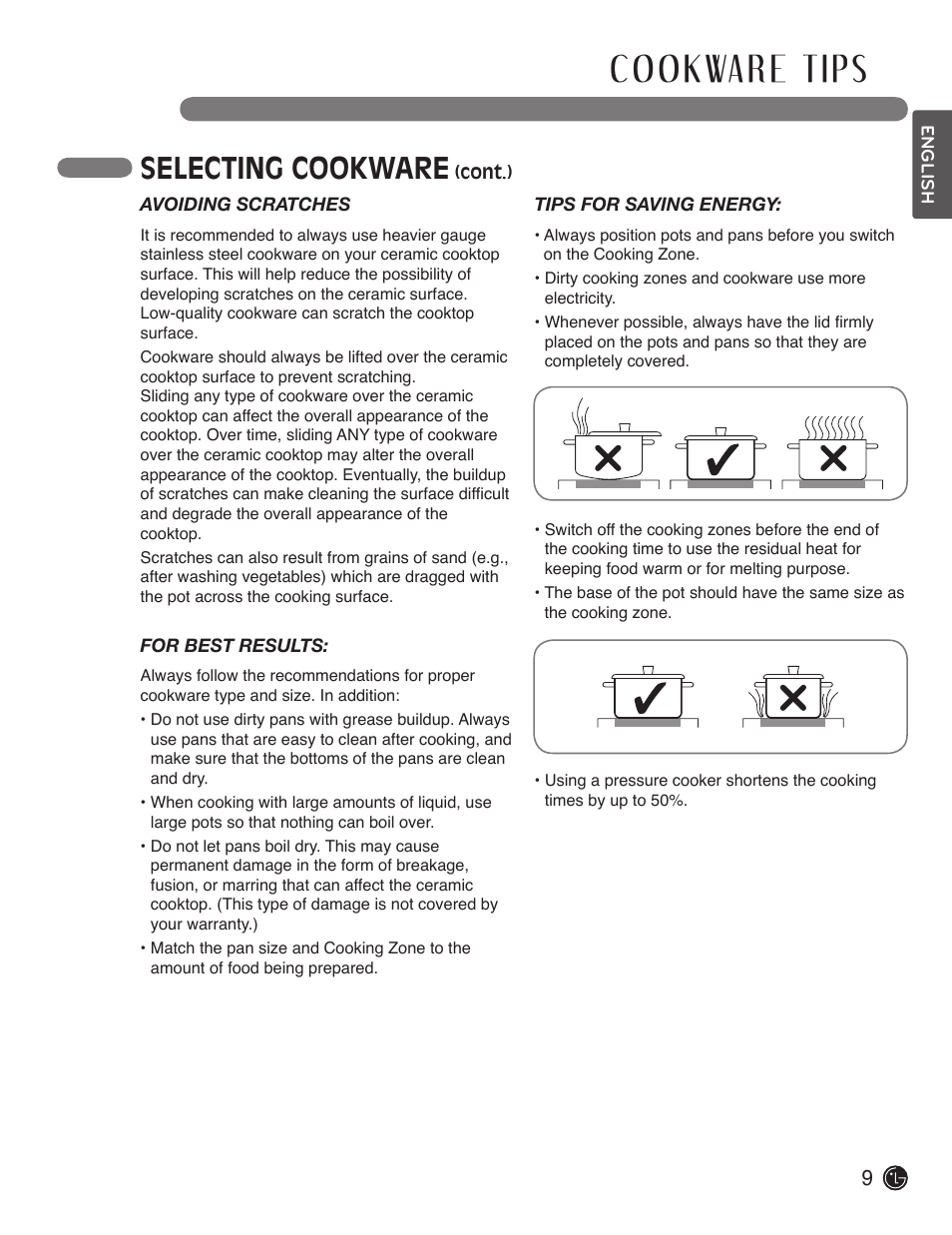 Selecting cookware | LG LCE3610SB User Manual | Page 9 / 33