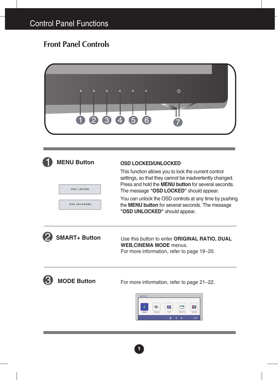 Control panel functions, Front panel controls, Control panel functions front panel controls | LG IPS226V-PN User Manual | Page 10 / 32