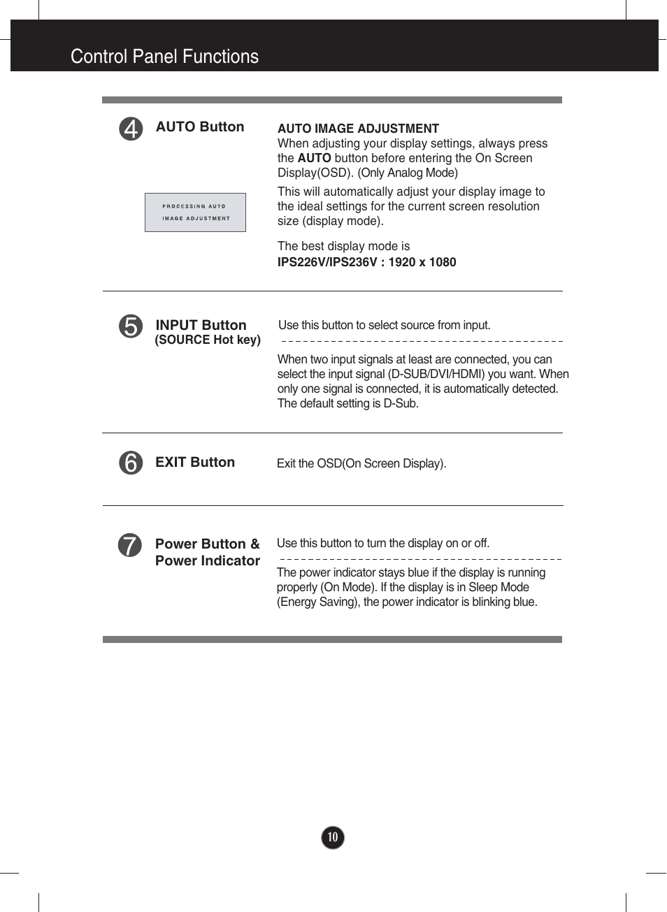 Control panel functions | LG IPS226V-PN User Manual | Page 11 / 32