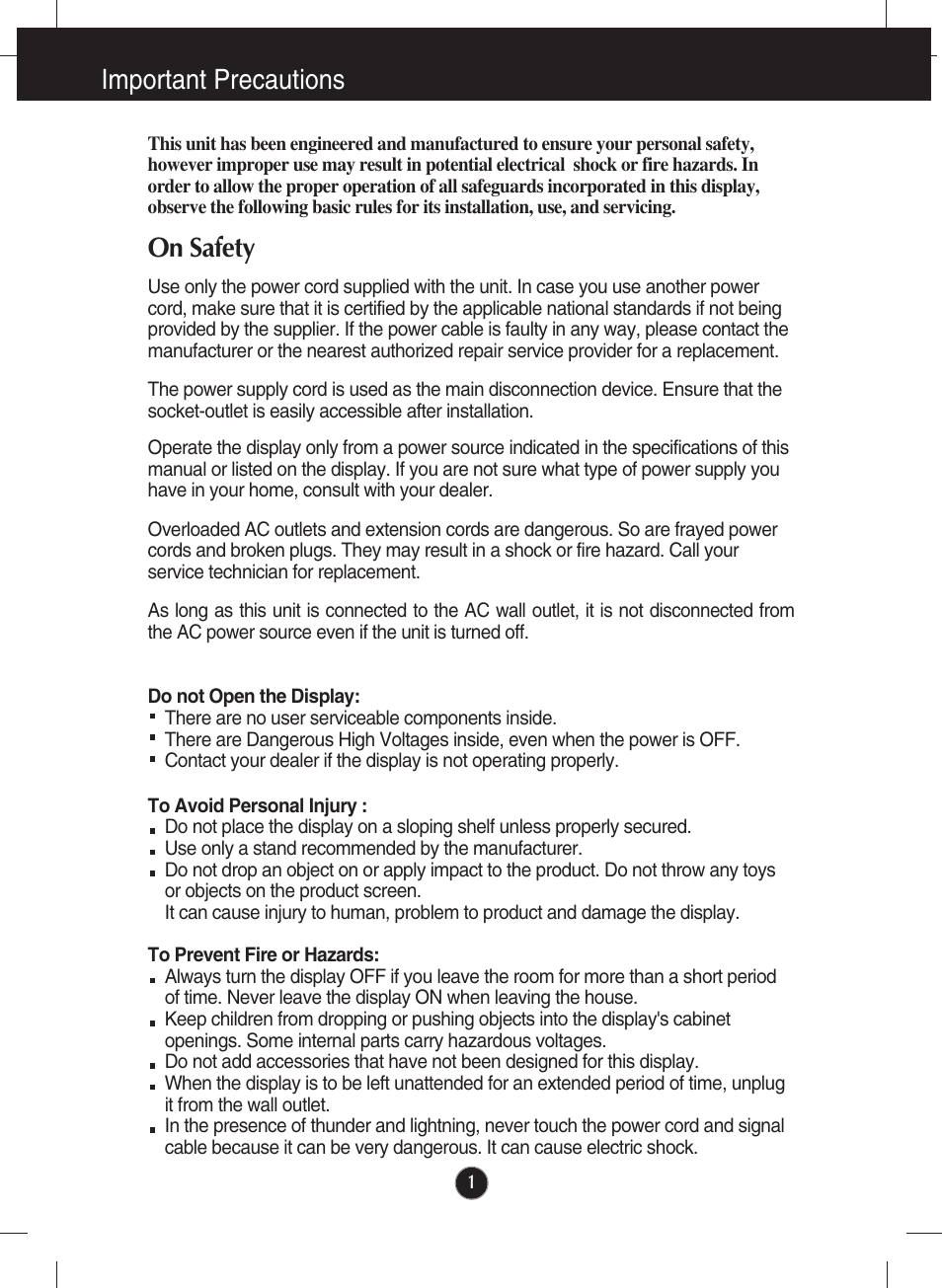Important precautions, On safety | LG IPS226V-PN User Manual | Page 2 / 32
