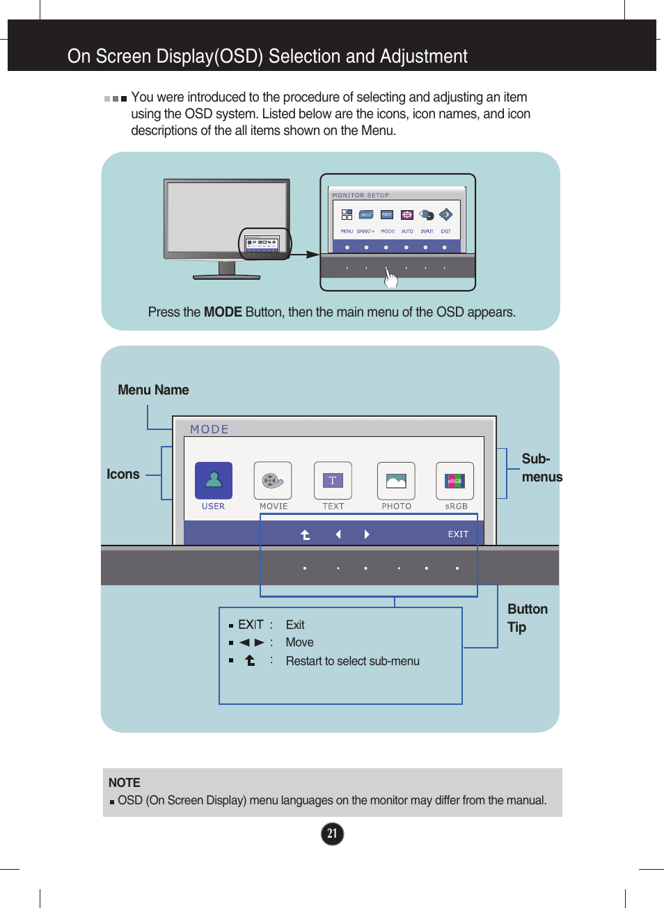 Mode, On screen display(osd) selection and adjustment | LG IPS226V-PN User Manual | Page 22 / 32