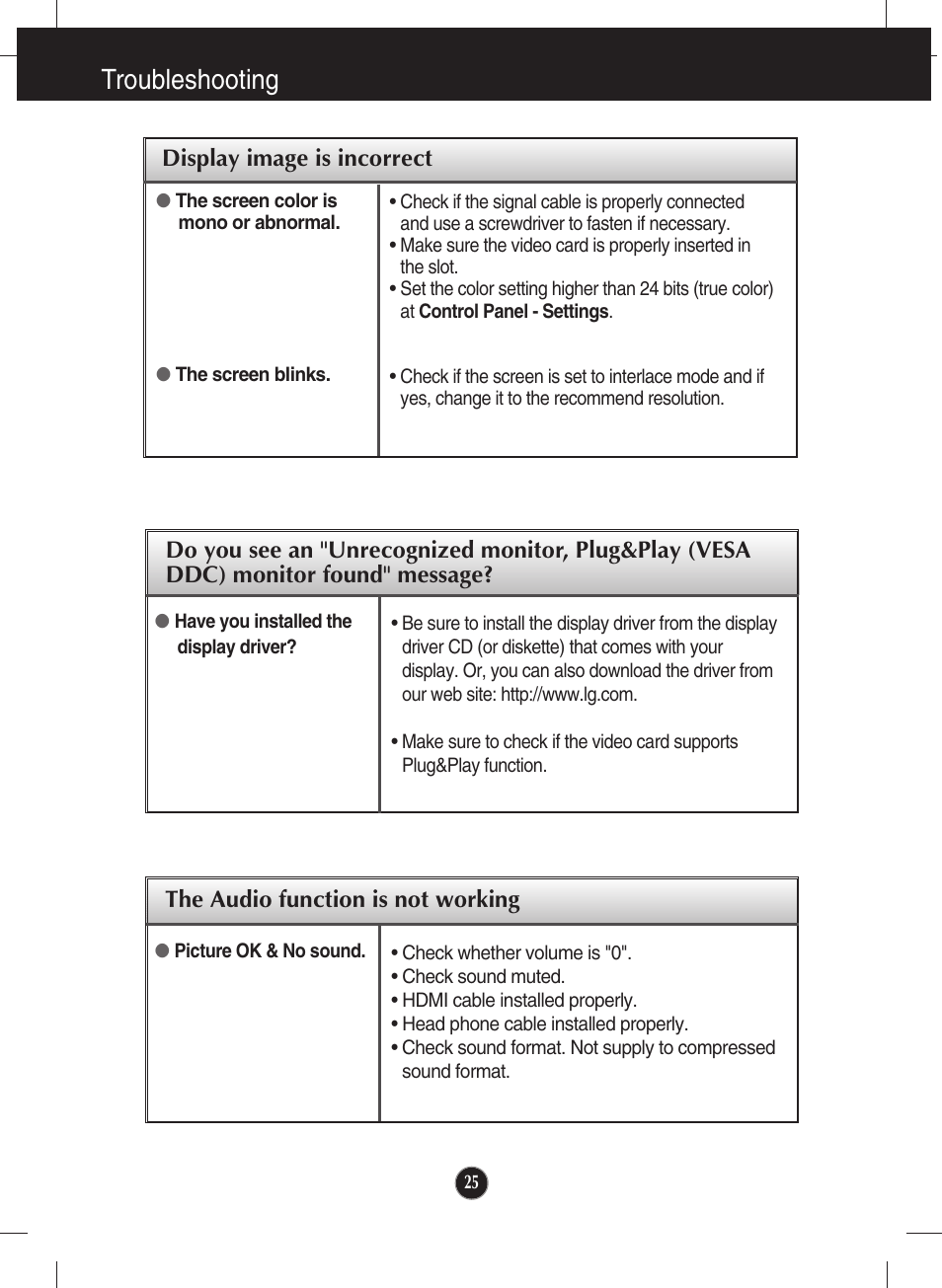 The audio function is not working, Troubleshooting | LG IPS226V-PN User Manual | Page 26 / 32