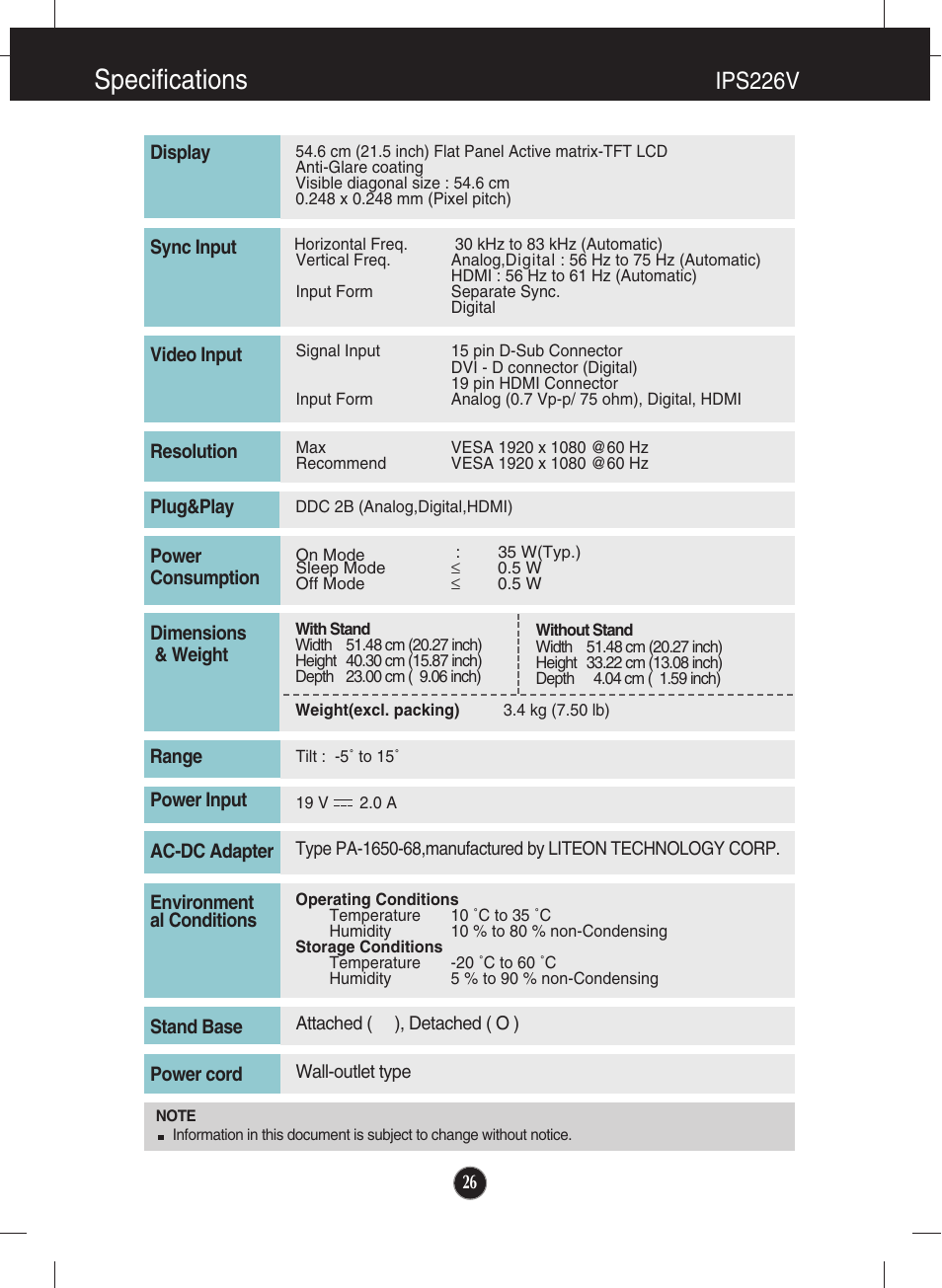 Specifications, Ips226v | LG IPS226V-PN User Manual | Page 27 / 32