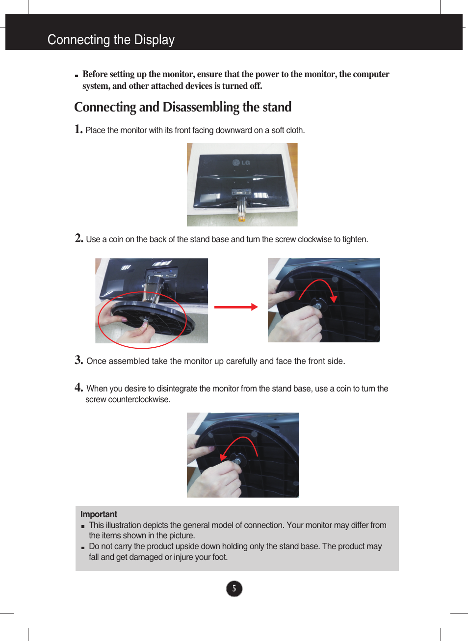 Connecting the display, Connecting and disassembling the stand | LG IPS226V-PN User Manual | Page 6 / 32