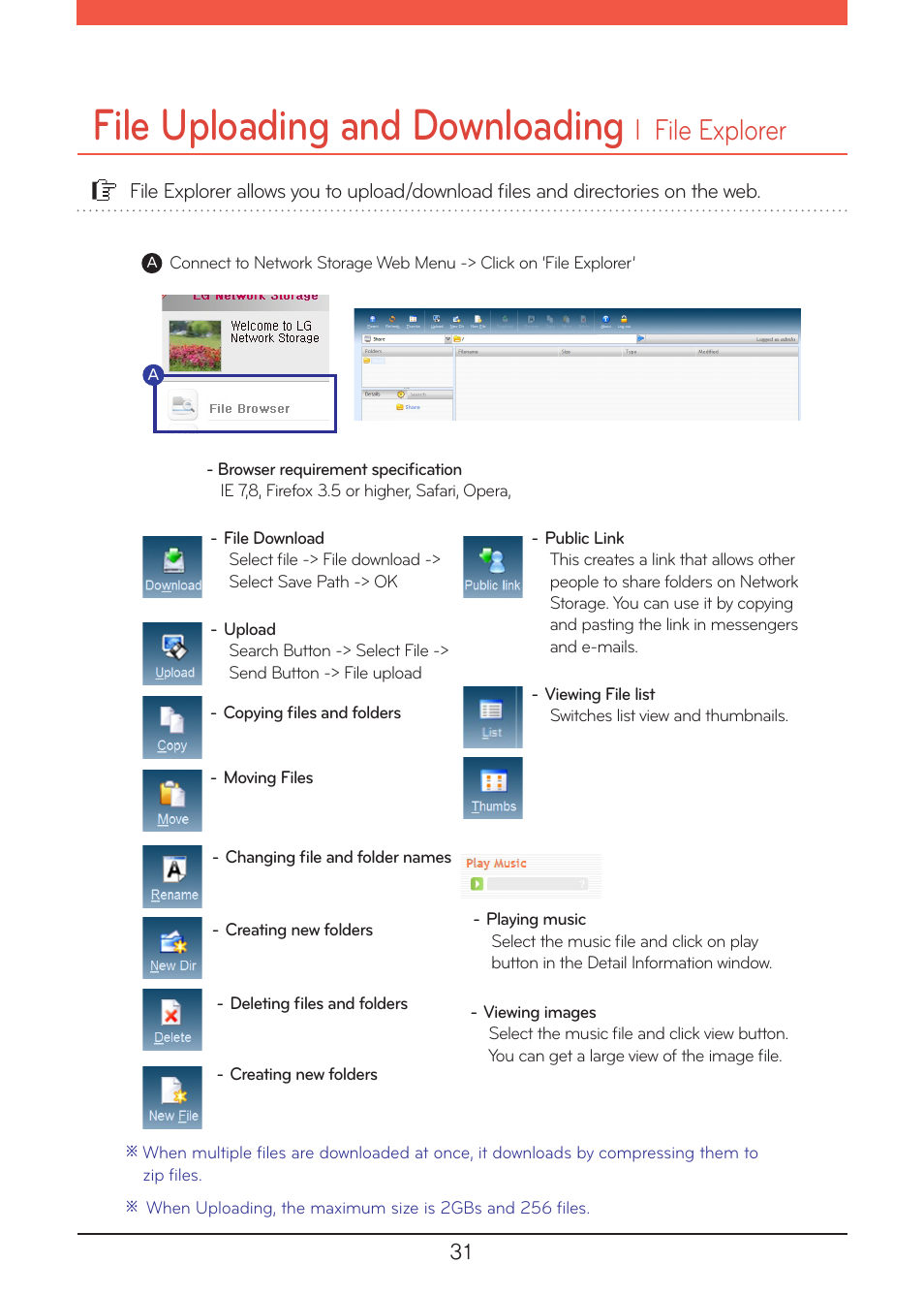 File explorer, File uploading and downloading, L remote network drive | L file explorer | LG N1A1DD1 User Manual | Page 31 / 103
