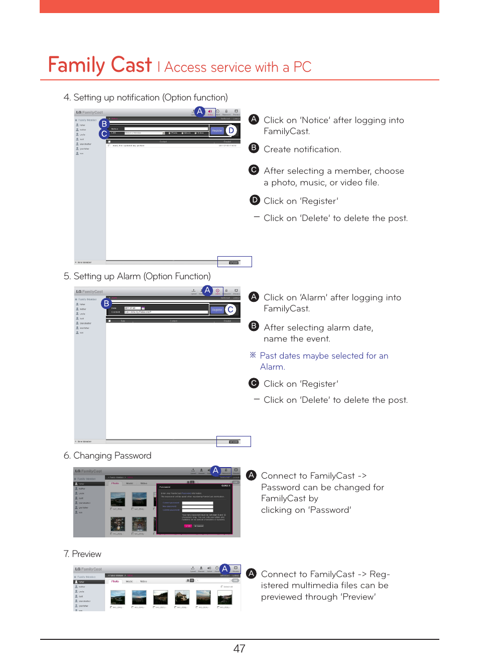 Family cast, L access service with a pc | LG N1A1DD1 User Manual | Page 47 / 103