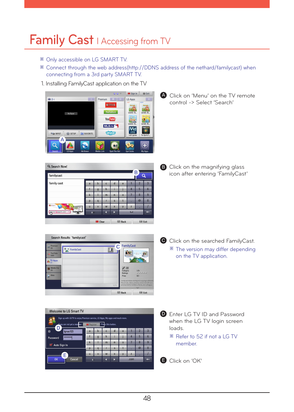 Accessing from tv, Family cast, L accessing from tv | LG N1A1DD1 User Manual | Page 48 / 103