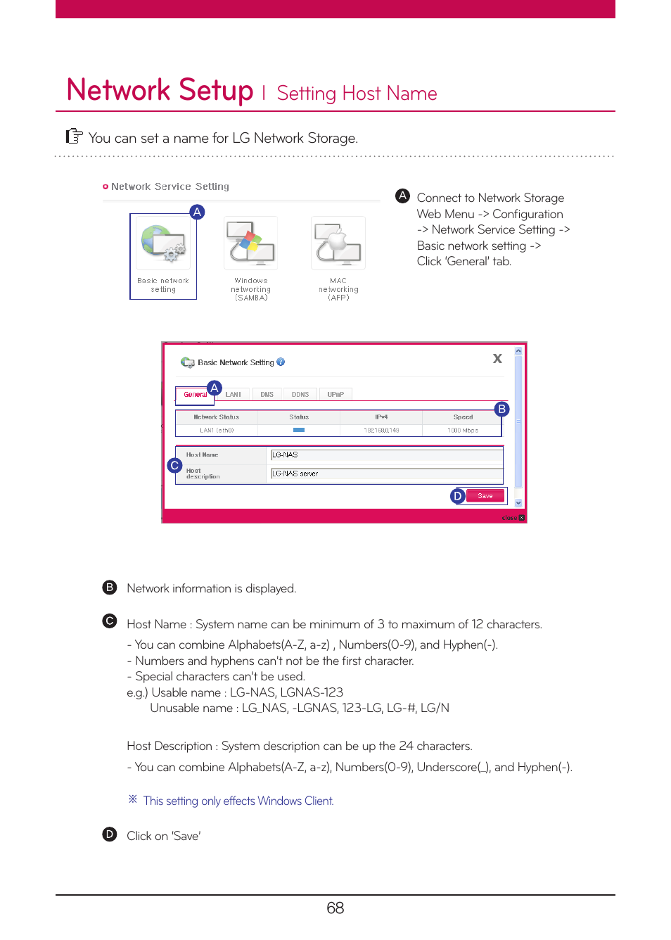 Network setup, Setting host name, L setting host name | LG N1A1DD1 User Manual | Page 68 / 103