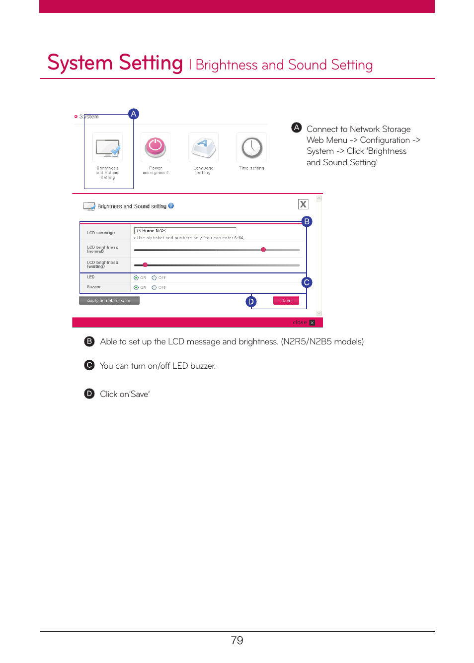 System setting, Brightness and sound setting, L brightness and sound setting | LG N1A1DD1 User Manual | Page 79 / 103