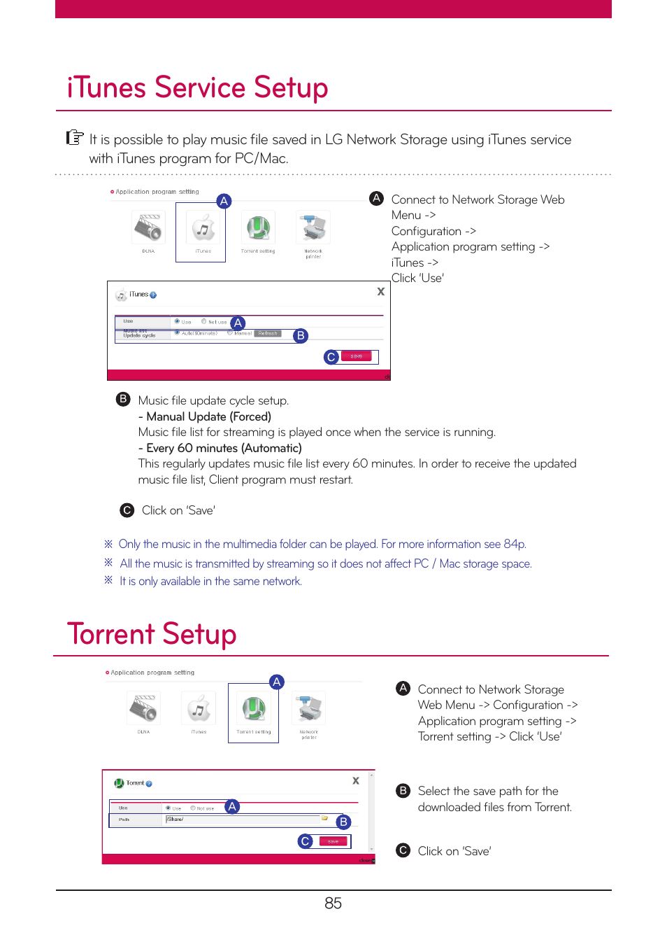 Itunes service setup, Torrent setup | LG N1A1DD1 User Manual | Page 85 / 103