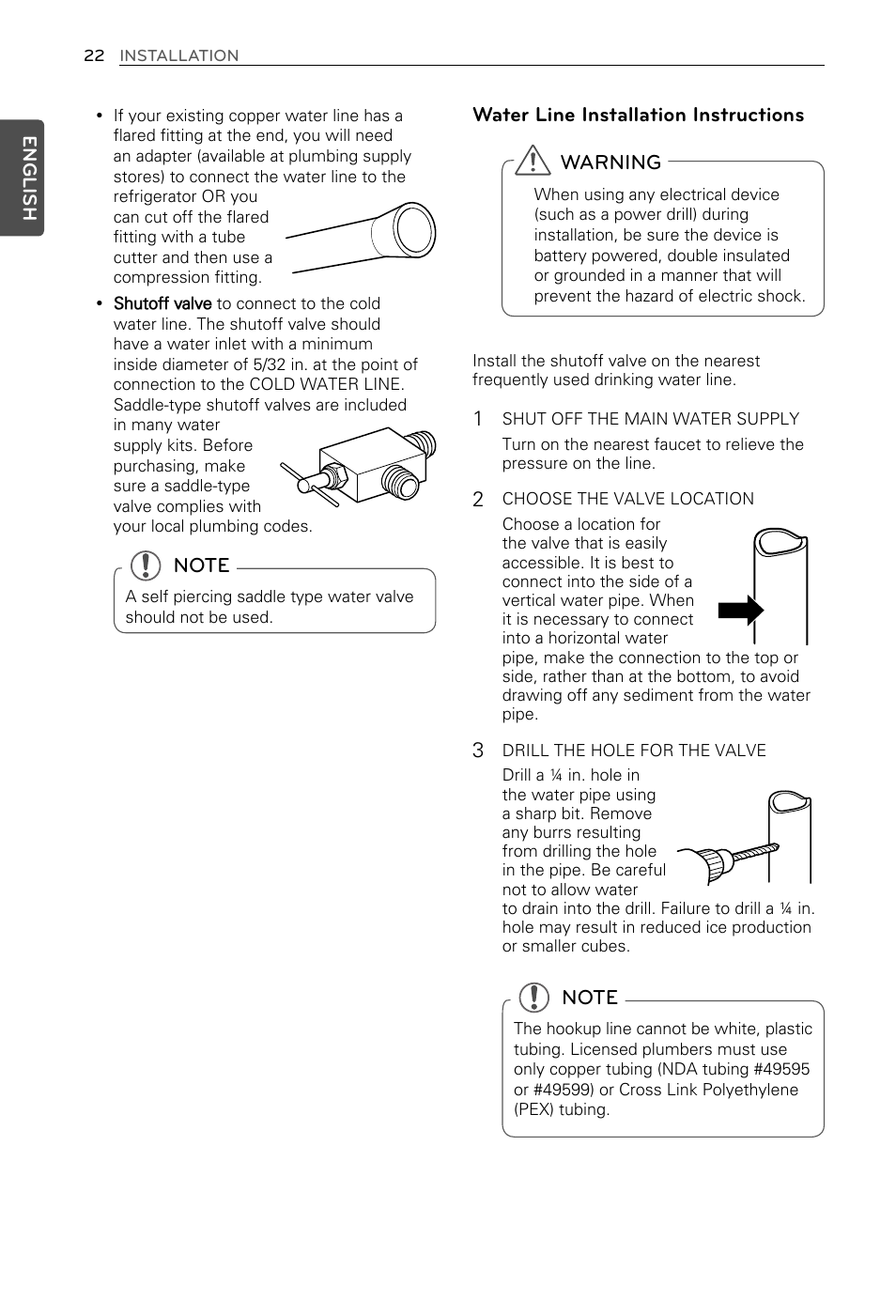 Water line installation instructions, Warning | LG LFX29937ST User Manual | Page 22 / 61