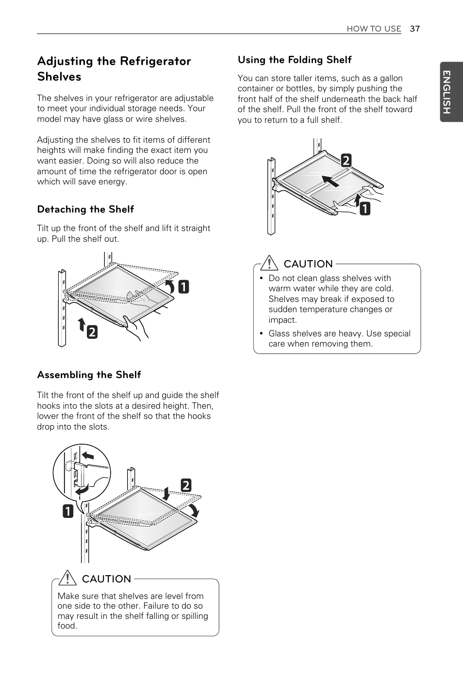Adjusting the refrigerator shelves, Detaching the shelf, Assembling the shelf | Using the folding shelf, Caution | LG LFX29937ST User Manual | Page 37 / 61