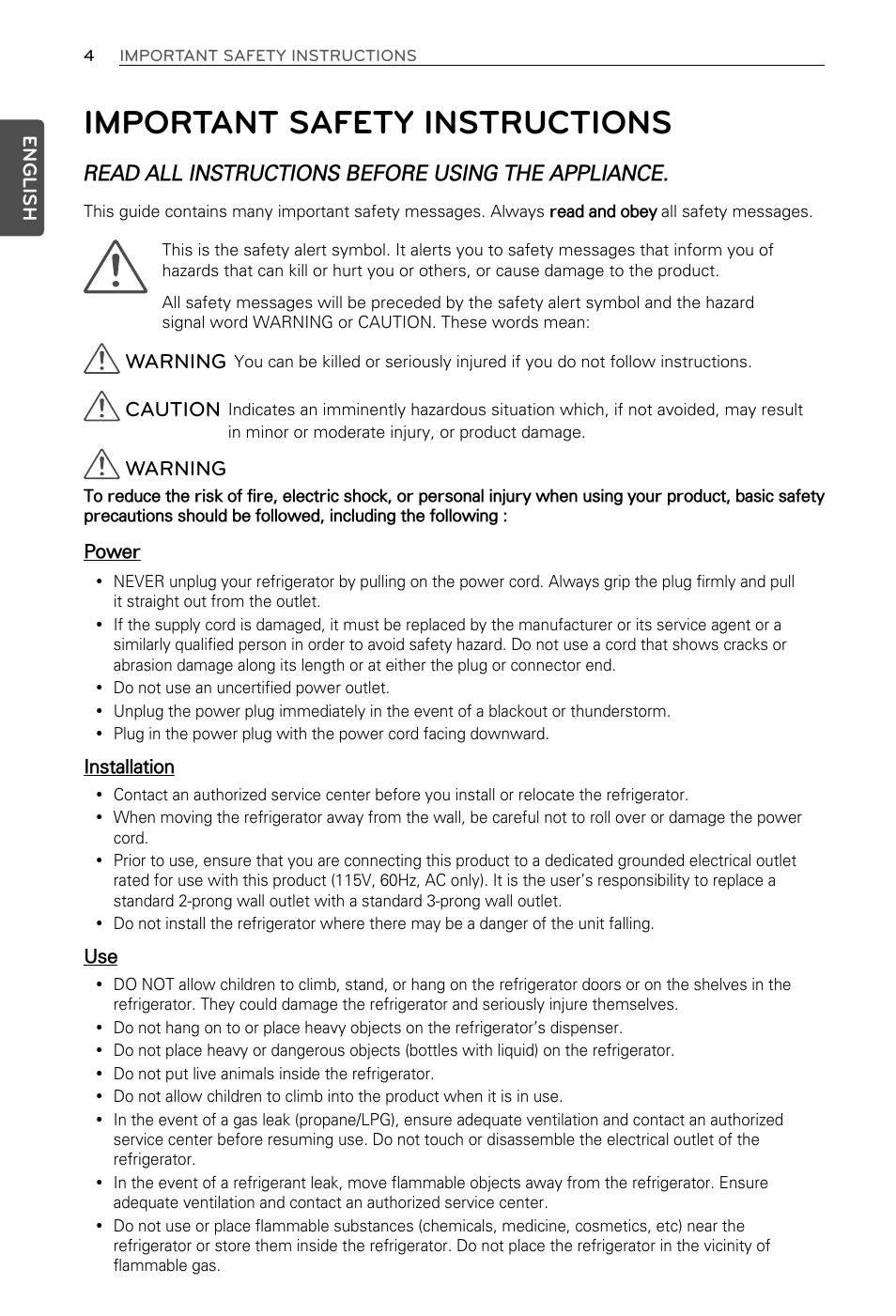 Important safety instructions, Read all instructions before using the appliance, Warning | Caution | LG LFX29937ST User Manual | Page 4 / 61
