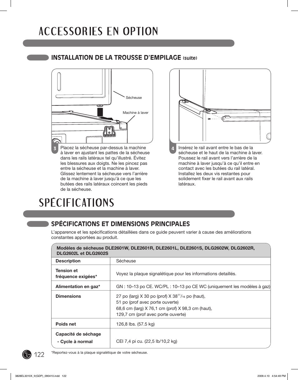 Spécifications et dimensions principales, Installation de la trousse d’empilage | LG DLG2602R User Manual | Page 122 / 128