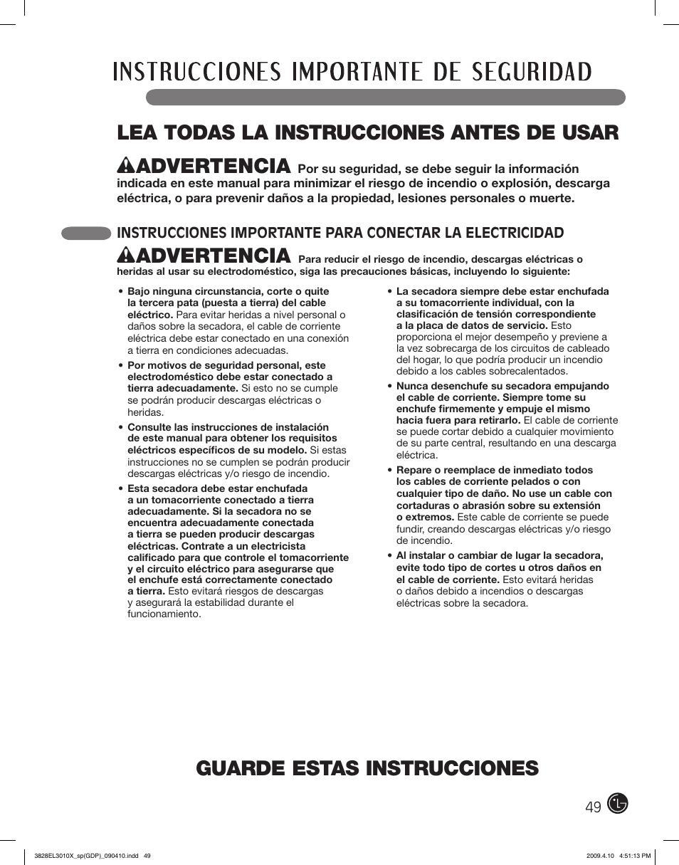 Guarde estas instrucciones, Wadvertencia | LG DLG2602R User Manual | Page 49 / 128