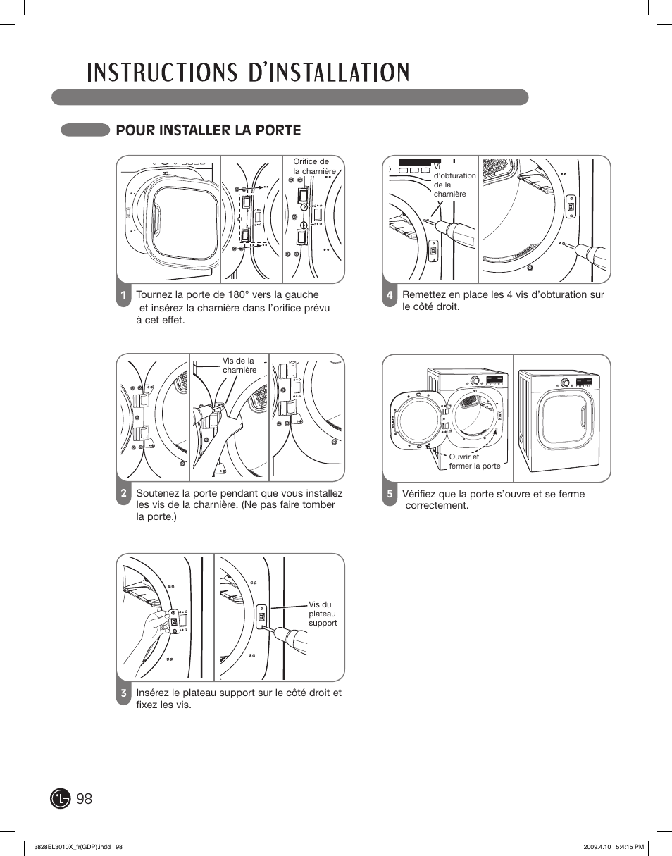 Pour installer la porte | LG DLG2602R User Manual | Page 98 / 128