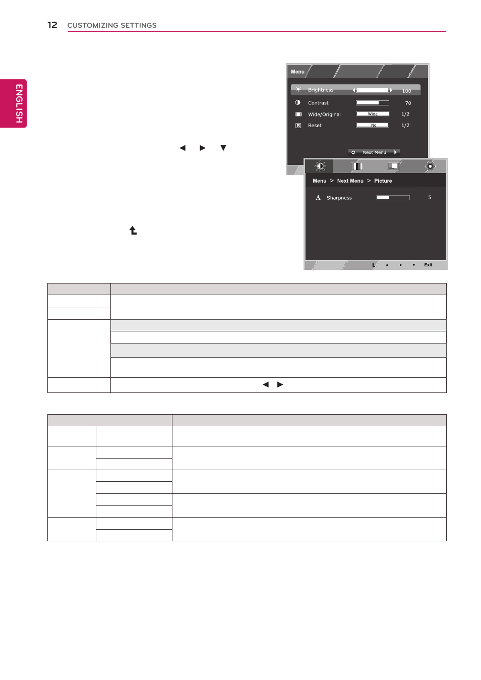 Customizing settings, Menu settings, 12 customizing | Settings, Menu, Accesses the main menus.(see p.12) | LG 22EN43T-B User Manual | Page 12 / 36