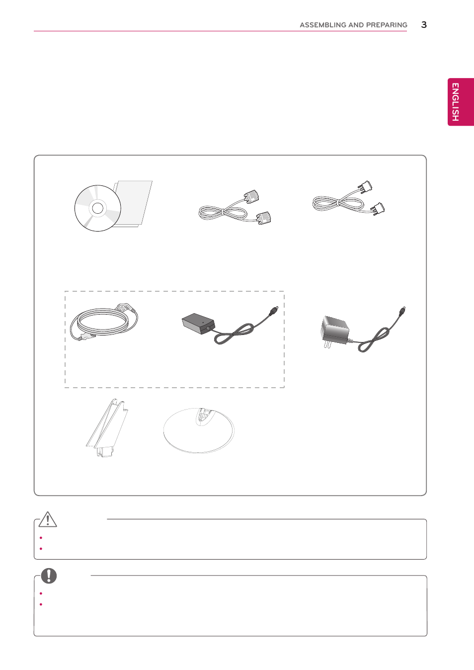 Assembling and preparing, Unpacking, Assembling | Prepar, 3 unpacking | LG 22EN43T-B User Manual | Page 3 / 36