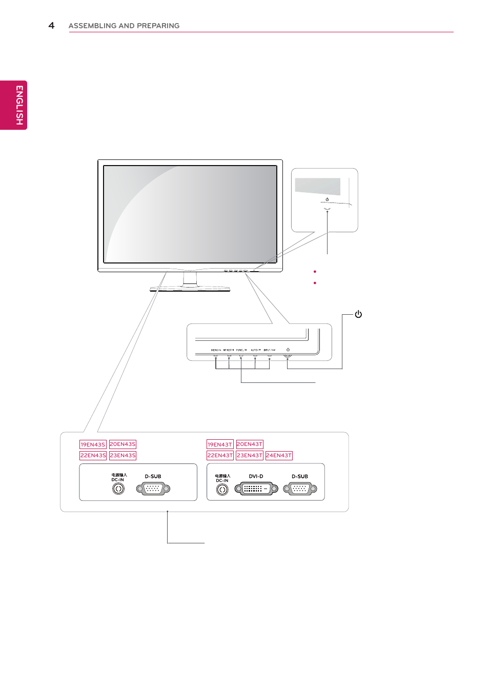 Parts and buttons | LG 22EN43T-B User Manual | Page 4 / 36