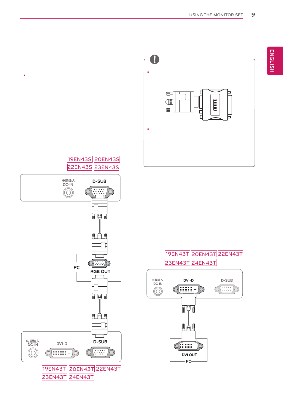 Using the monitor set, Connecting to a pc, D-sub connection | D-sub, Connection, Dvi-d connection | LG 22EN43T-B User Manual | Page 9 / 36
