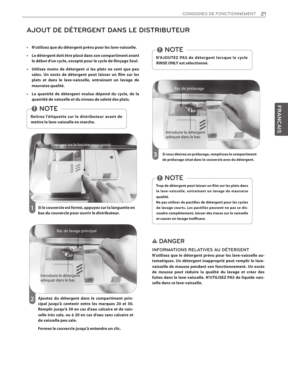 Ajout de détergent dans le distributeur, Danger | LG LDF7551ST User Manual | Page 85 / 100