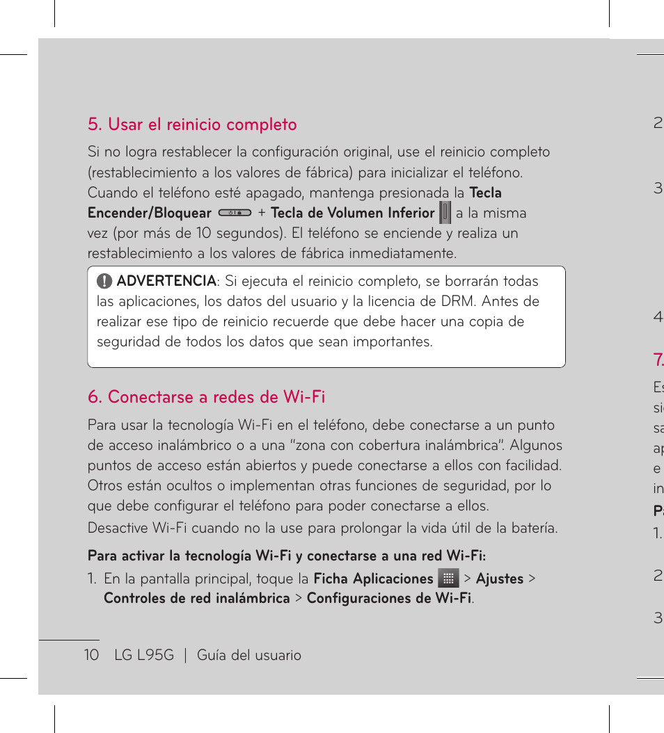 Usar el reinicio completo, Conectarse a redes de wi-fi | LG LGL95G User Manual | Page 104 / 202