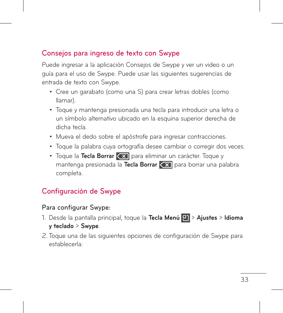 Consejos para ingreso de texto con swype, Configuración de swype | LG LGL95G User Manual | Page 127 / 202