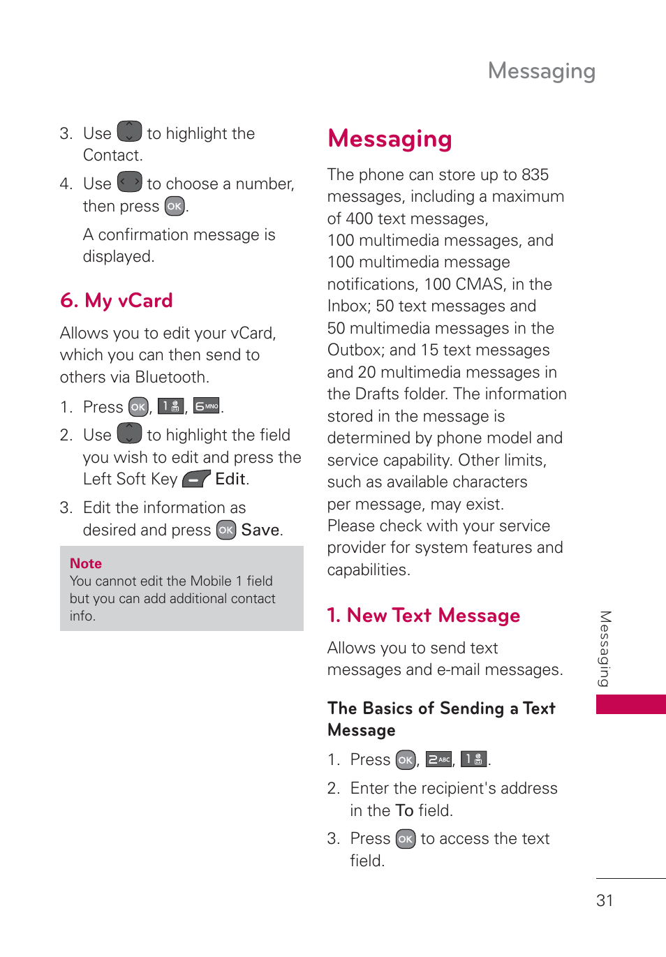 My vcard, Messaging, New text message | Messaging 31 | LG AN160 User Manual | Page 33 / 98