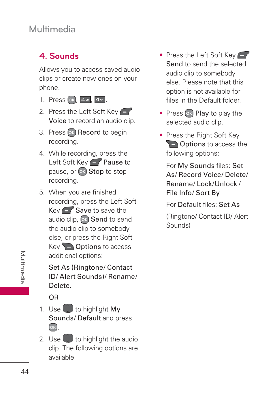 Sounds, Multimedia | LG AN160 User Manual | Page 46 / 98