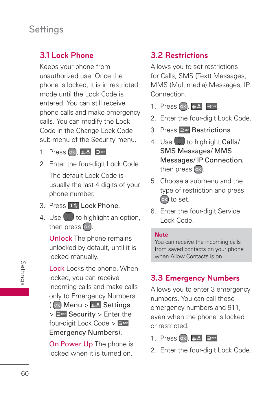 1 lock phone, 2 restrictions, 3 emergency numbers | Settings | LG AN160 User Manual | Page 62 / 98
